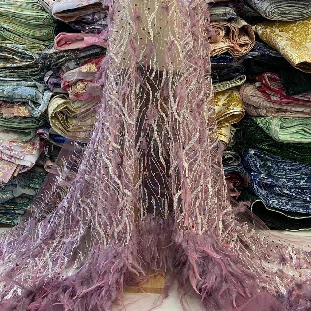 Luxury Design Nigerian Handmade 3D Feather Lace Fabric Bridal Crystal Beaded Tulle Lace Fabric With Sequins for Party