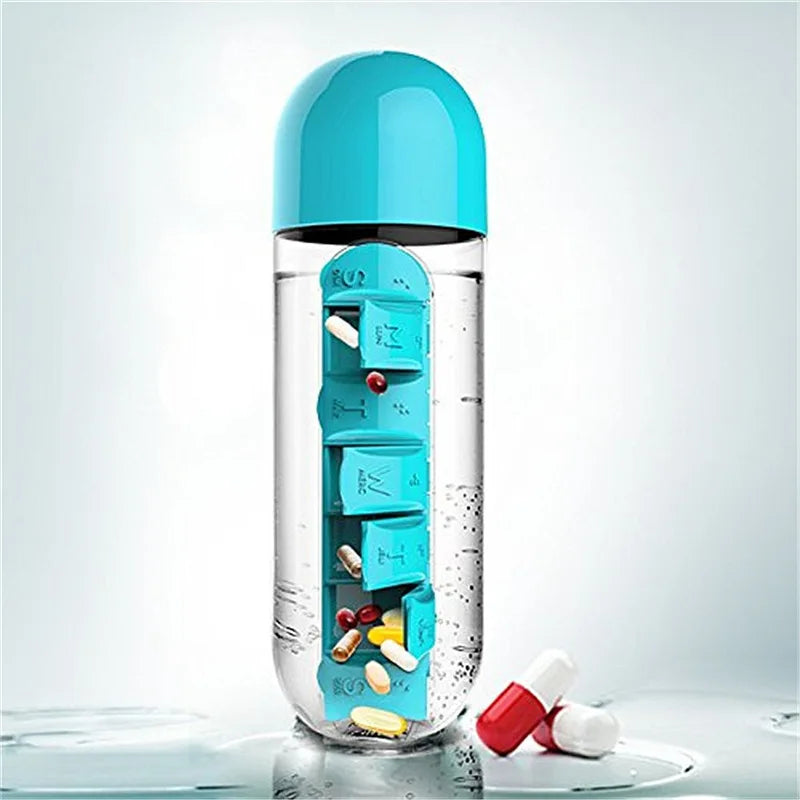 Beeman 600ml Portable Plastic Bottle 2 in 1 Pill Box Water Bottle Outdoor Travel Convenience Bottle