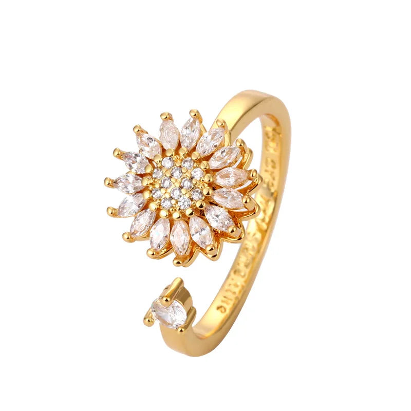 Hot Selling Adjustable Anxiety Relief You Are My Sunshine Cubic Zirconia Sunflower Spinner Statement Ring for Girl
