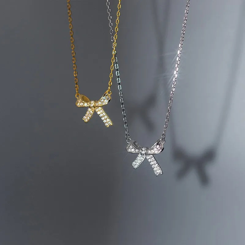 925 Sterling Silver Luxury Zircon Bow Knot Pendant Gold Plated Chain Dainty Necklaces Fashion Jewelry for Women