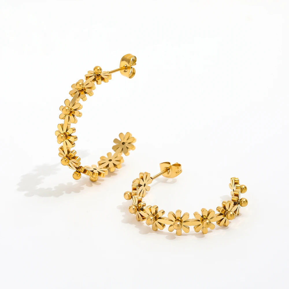 JOOLIM Jewelry Trendy Earring Mini 18K Gold Plated Daisy Flower C Hoop Earrings Stainless Steel Earrings Wholesale