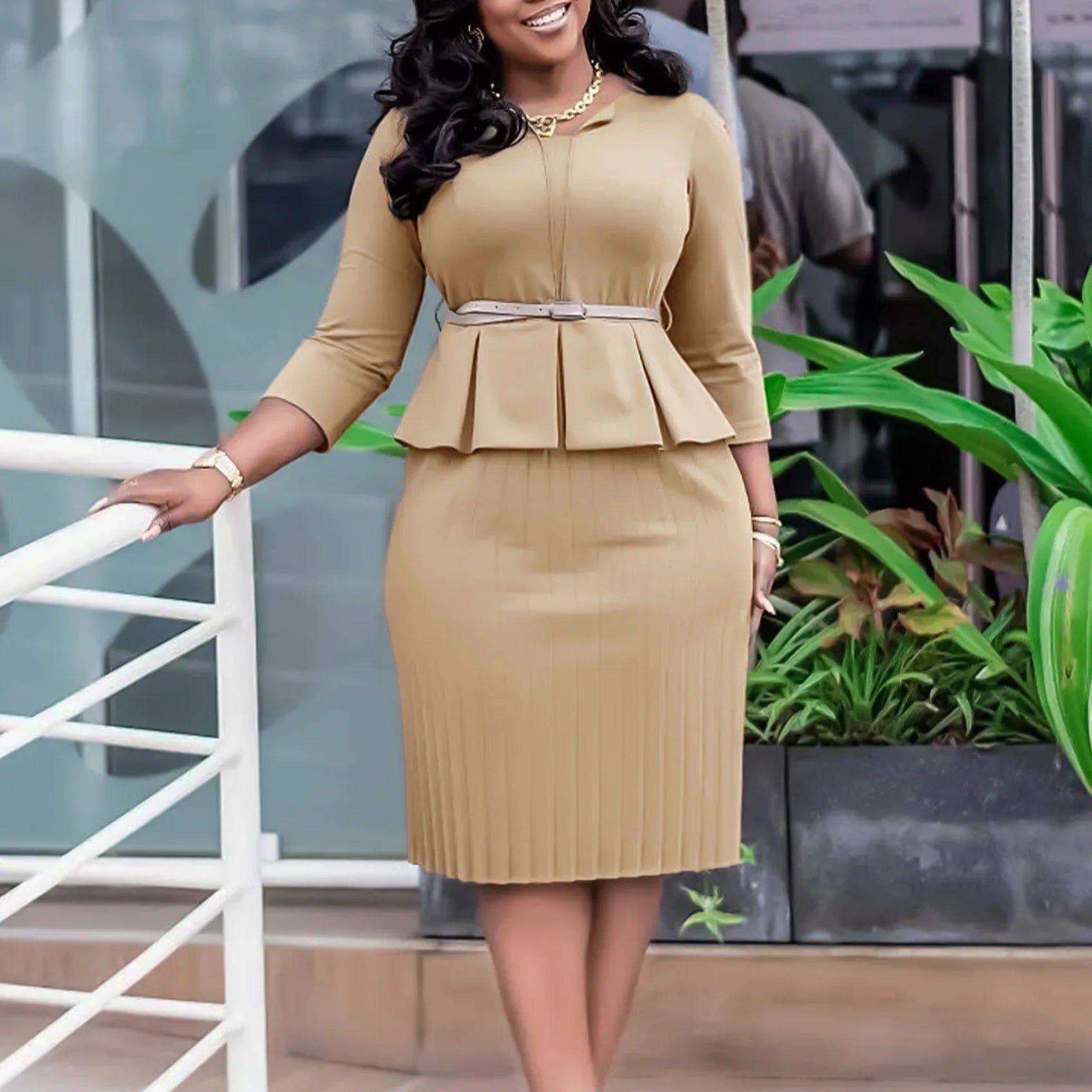 Women Elegant Spring Summer Career Dress V-neck Belted Midi Pencil Dress