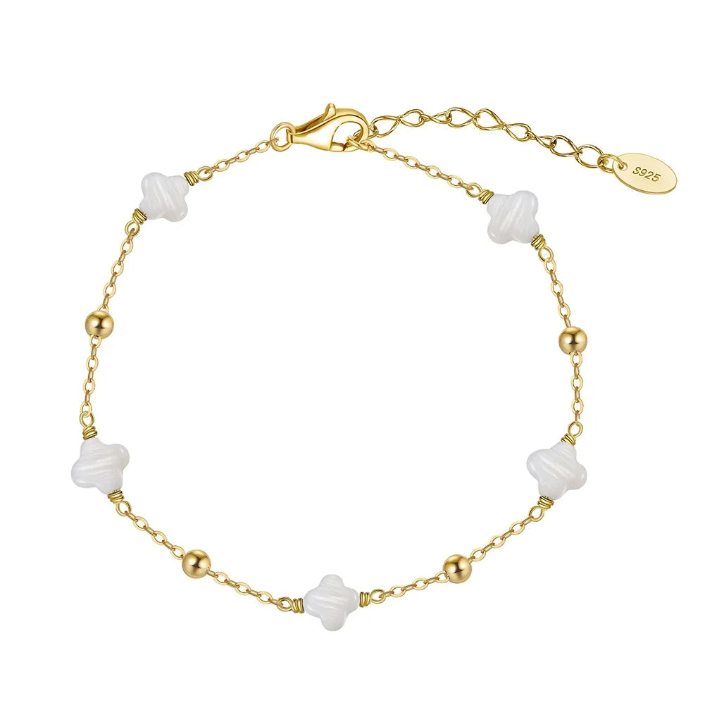 Rinntin GMB65 Bohemian Design Shell Four-leaf Clover Pearl Bracelet Women 14K Gold Plated 925 Sterling Silver Bracelet