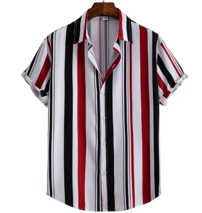 Hawaiian Shirt Stripe Print Loose Fashion Casual Short Sleeve Men's Button Down Beach Summer Shirts for Men