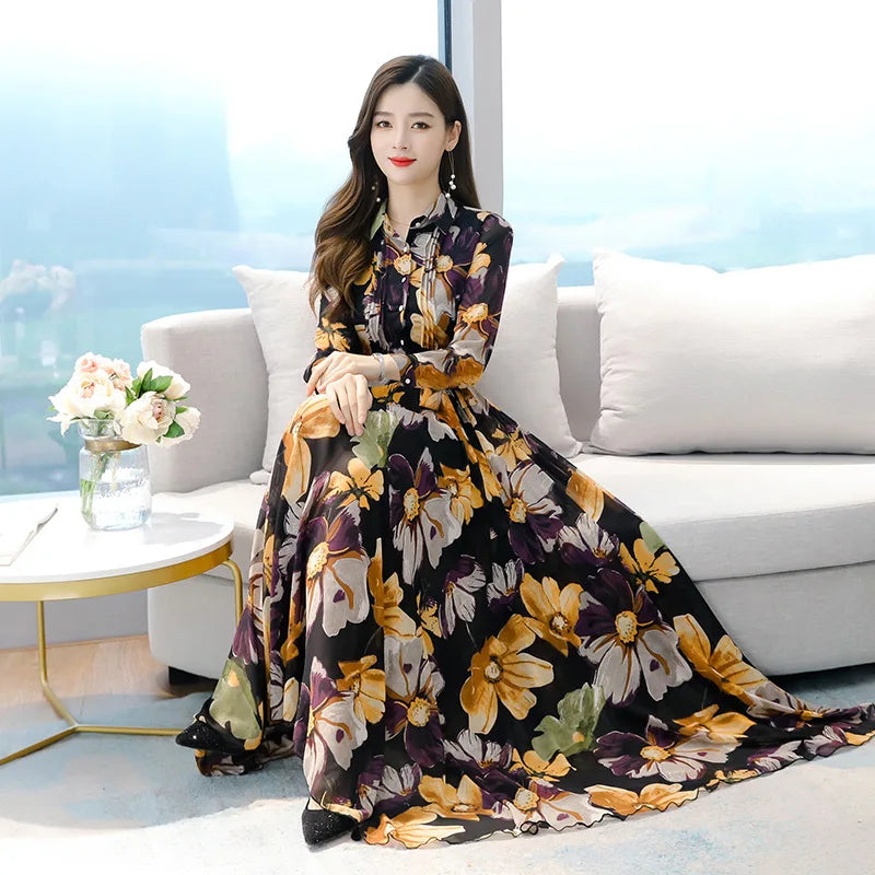 Women Lady Chiffon Spring Long Dresses Floral Printed Shirt Collar Long Sleeve Button New Fashion Elegant Lady Casual Dress