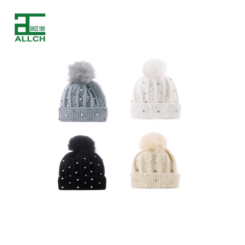 ALLCH Custom Rhinestone Beanie Hat Winter Diamond and Pearls Warm Soft  With Fleece Lining Cable Knit Hats