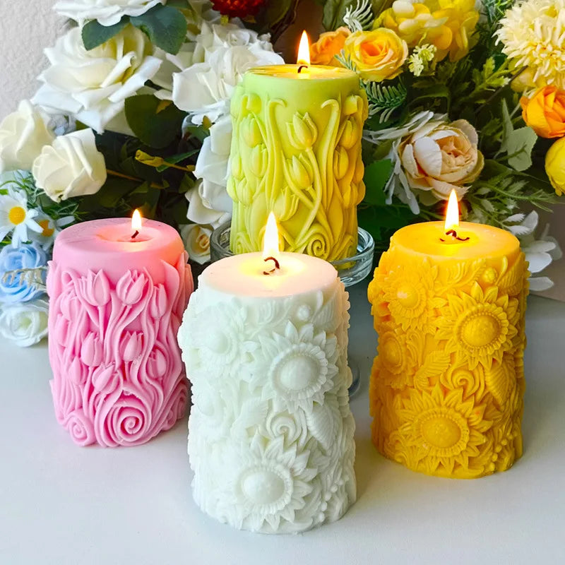 3D New Design Sunflower Blooming Tulip Silicone Mold Embossed Flower Cylinder Pillar Candle Silicone Mold for Candle Making