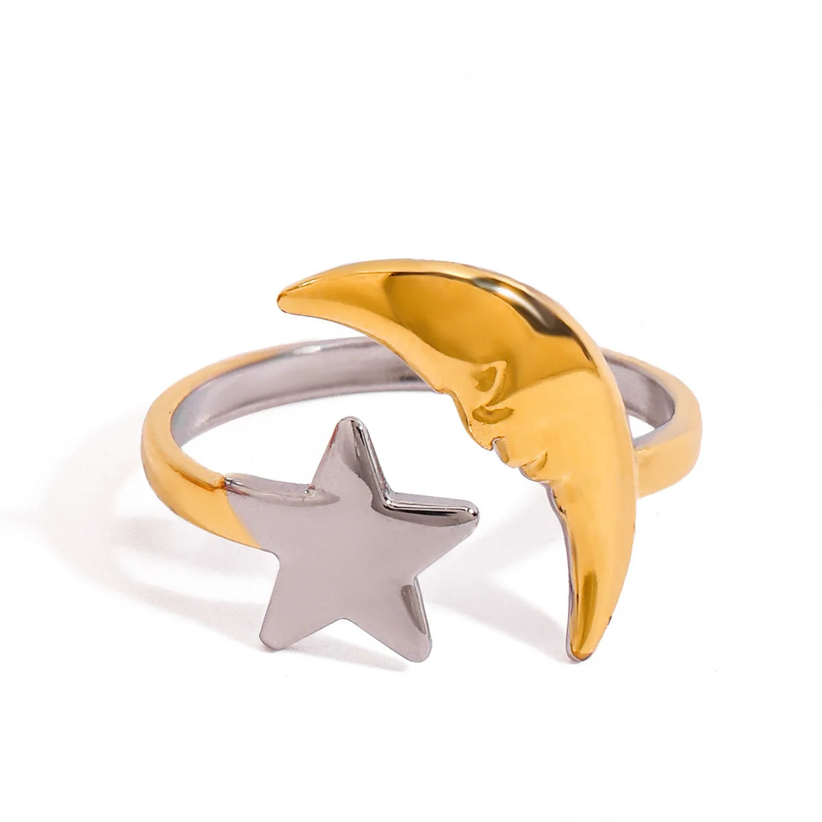 MC186 Wholesale Stainless Steel 18K Gold Opening Ring Simple Star Moon Gold and Silver Color Two Tone Fashion Jewelry Rings