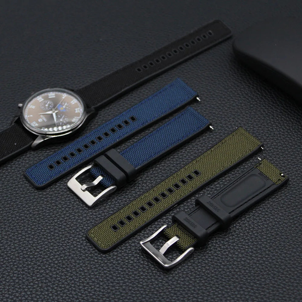 Hot Sales Black Green Blue Canvas Sailcloth Watch Strap Nylon + Rubber Watch Band 20mm 22mm 24mm With Quick Release Wrist Band