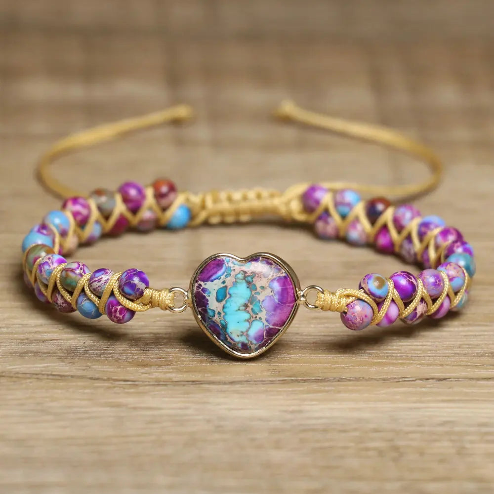 Minimalist Natural Stone Bracelet for Women Gift Double-layer Handwoven Imperial Jasper Heart Charm Yoga Healing Beaded Bracelet