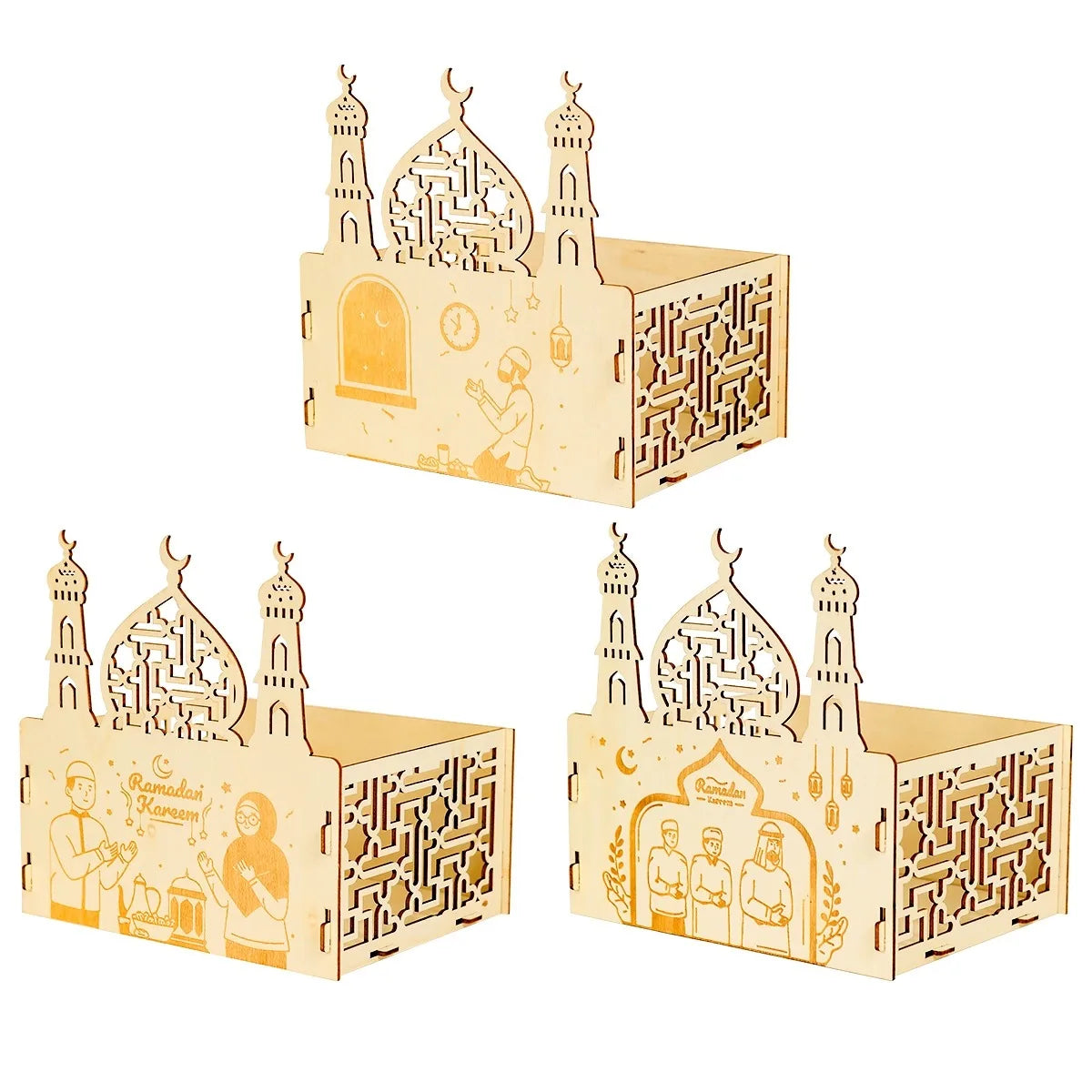 Muslim Islamic Table Ornament Ramadan Serving Tray Wooden Eid Mubarak Dessert Tray Moon Star Mosque Tray