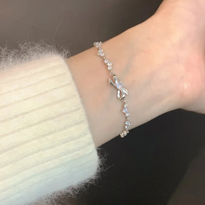 Zircon Bow Charm Bracelet Real Silver Plated Tennis Rope Chain Necklace Women