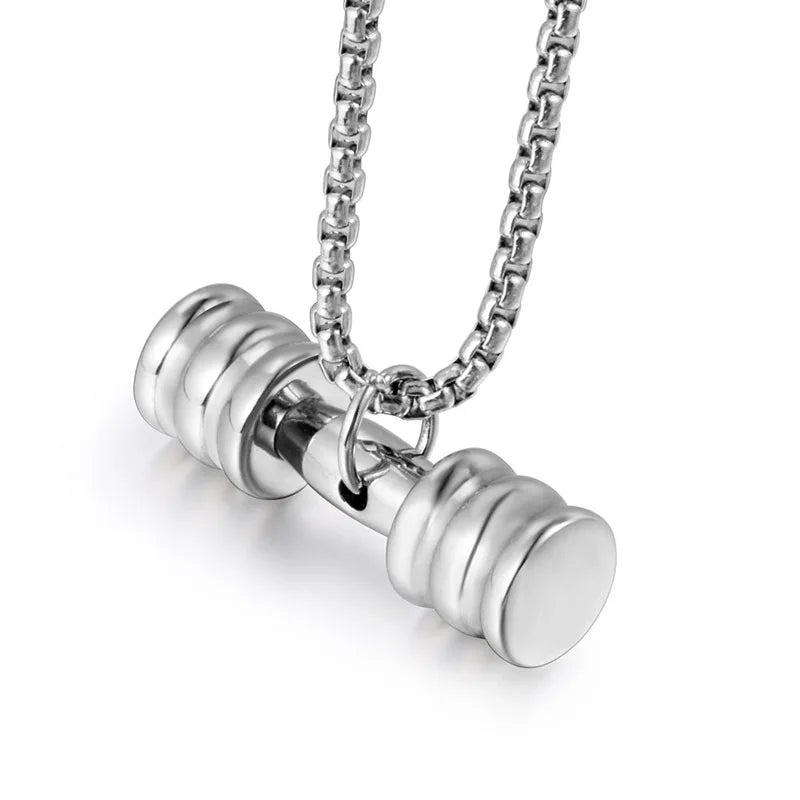 Men and Women's Stainless Steel Fitness Barbell and Round Dumbbell Pendant Necklace Fine Charms for Active Styles