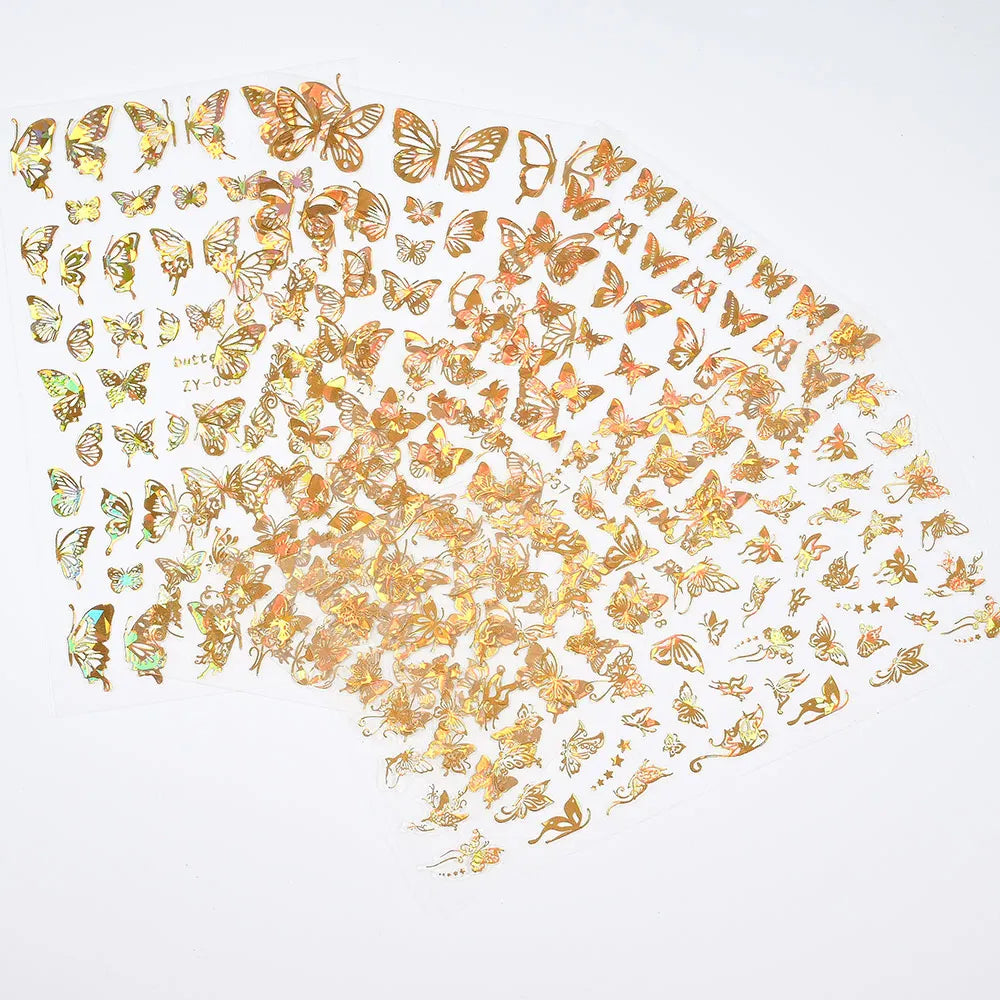 3D Holographic Butterfly Nail Art Stickers Adhesive Gold Silver Laser Foil Nail Decals for Women Girls DIY Manicure Decoration