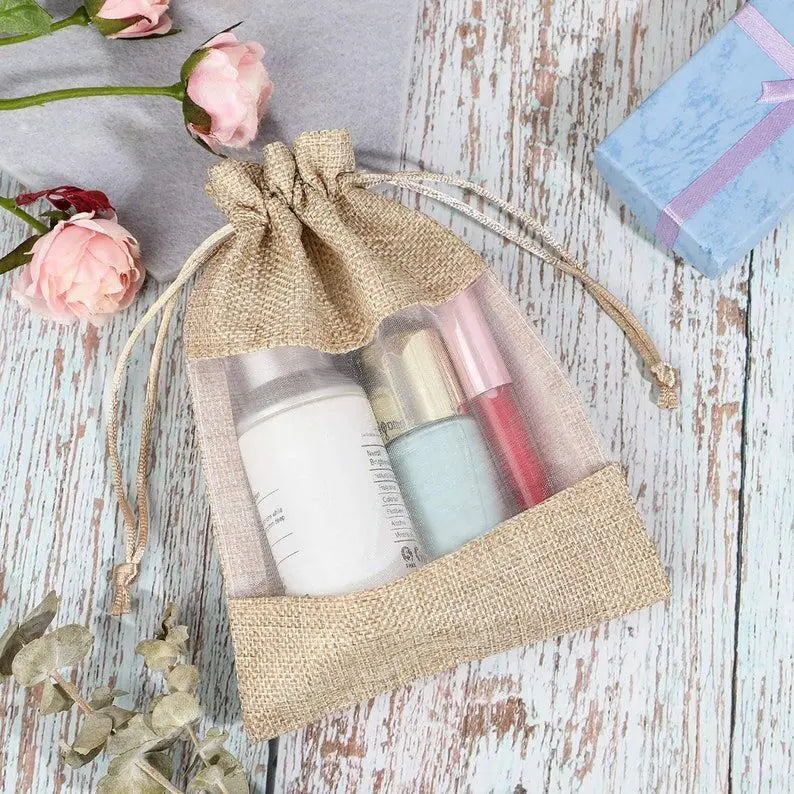 Jute Linen Drawstring Gift Bag for Organizing Cosmetics Single Mesh Window Burlap Jewelry Pouch