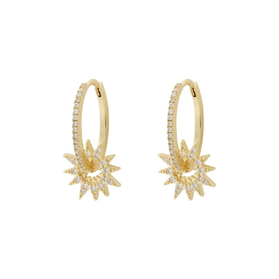 Fashion 925 Sterling Silver 18k Gold Pave Sun Hoop Earring with Charm Wholesale