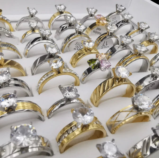 Flower High-grade Ladies Colored Stone Rhinestone Stainless Steel Colorless Zircon Ring Jewelry Mix  for Wholesale