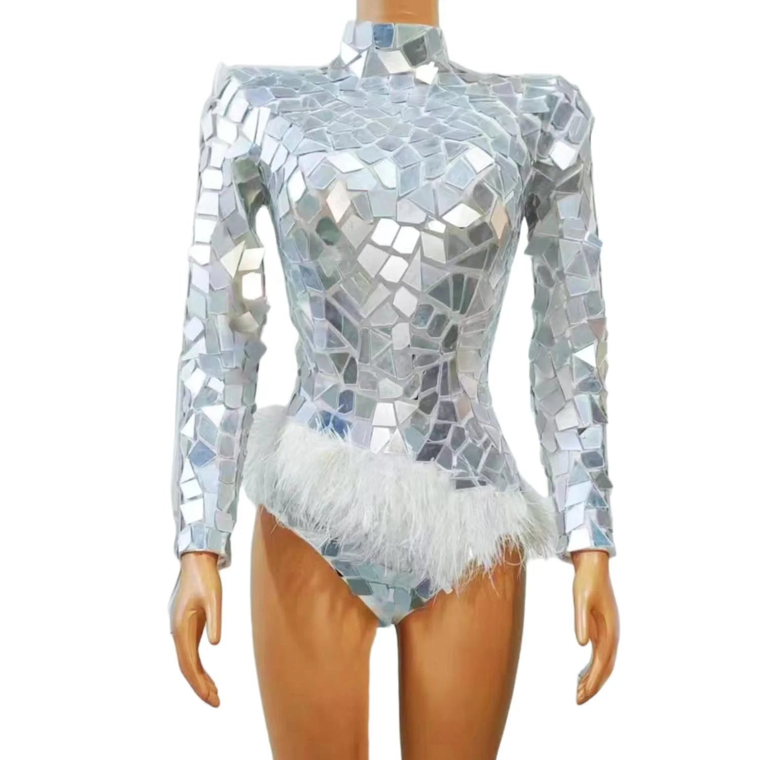 Sexy Mirror Sequin One Piece Jumpsuit Feathers Festival Outfit Party Club Pole Dance Leotard Women Stage Performance Bodysuit