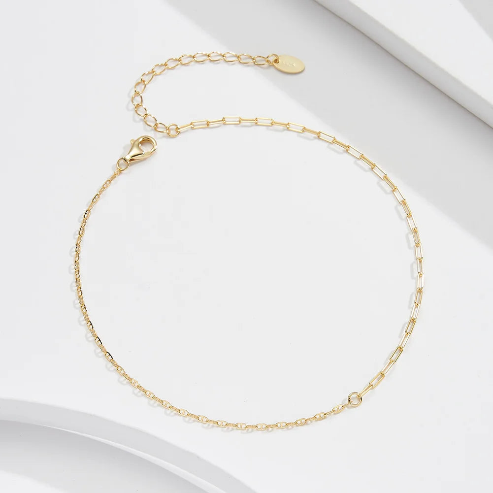 RINNTIN SA73 Wholesale 14K Gold Plated Foot Jewelry Mariner Chain Splicing Paperclip Chain 925 Sterling Silver Anklets for Women
