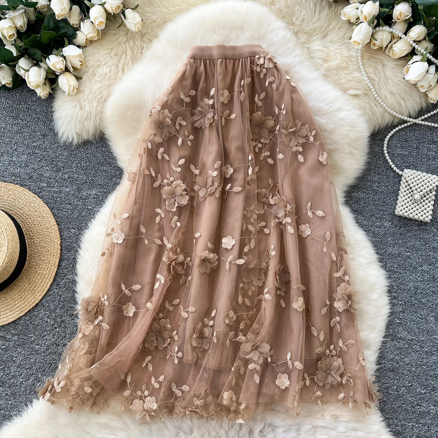 Boutique Wholesale 2024 Autumn Fashion High Waist Slimming Embroidered Mesh Medium Long A-line Women's Skirt