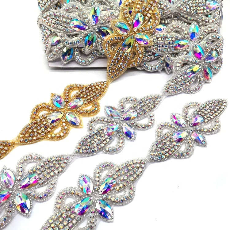 Elegant Gold Wedding Belt with Crystal Rhinestone Appliques for Bridal Dress Sash & Shoe Decorations