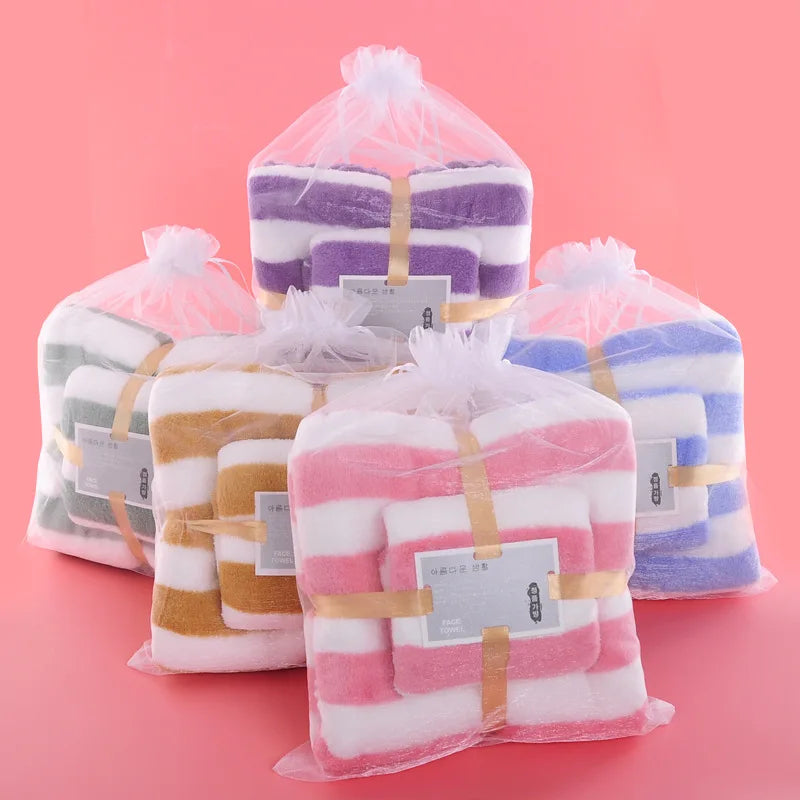 Cationic Solid Color Striped Knitted Thickened Bath Towel Set Quick-Dry Coral Fleece Non-Shedding Hair Drying Towel Home