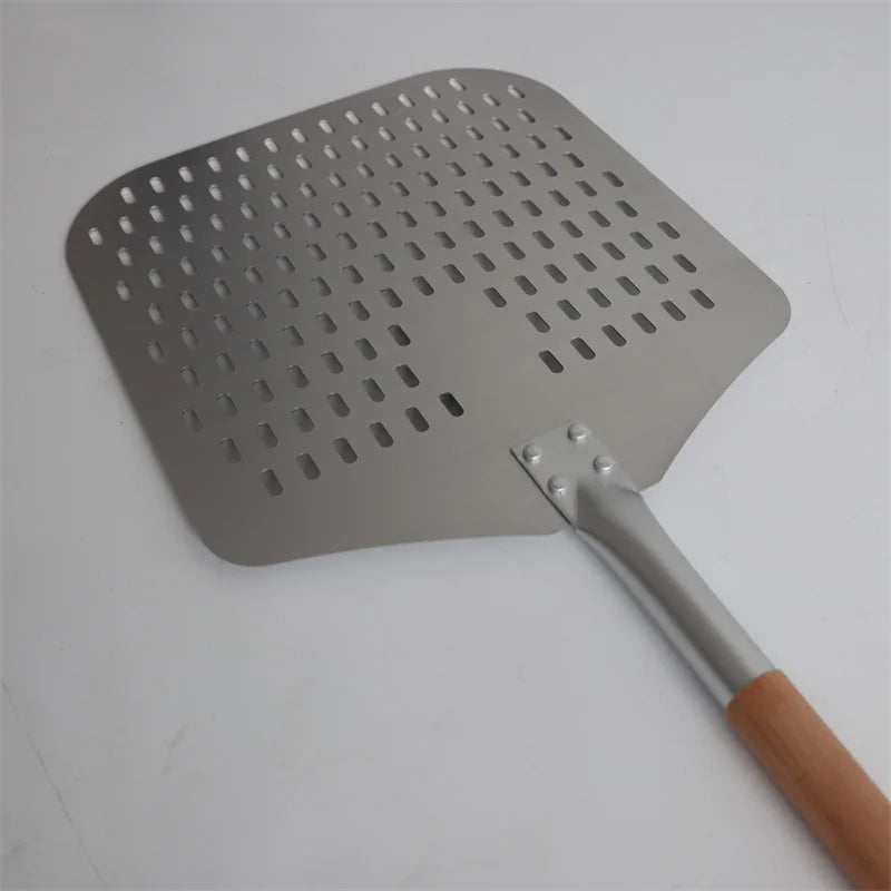 Good Quality Perforated Anodized Aluminum Pizza Peel With Wooden Handle Outdoor Pizza Shovel Tool
