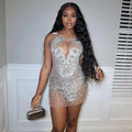 Ocstrade 2024 Popular Sliver Diamonds Fashion Sleeveless Shinny Collar Dresses See Through Mini Party Club Dress Plus Size Dress