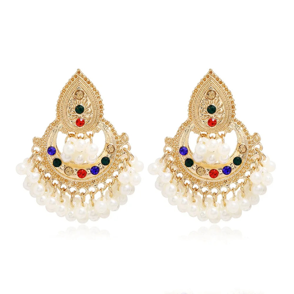 Indian Earrings for Women Trend Ethnic Gold-plated Alloy Rhinestones Pearl Tassel Statement Earrings