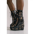 BUSY GIRL YZ4821 Women's Mid-Calf Gothic Punk Dresser Boots Platform Wedge Lace-Up Closure Zipper Studded Buckle Pocket