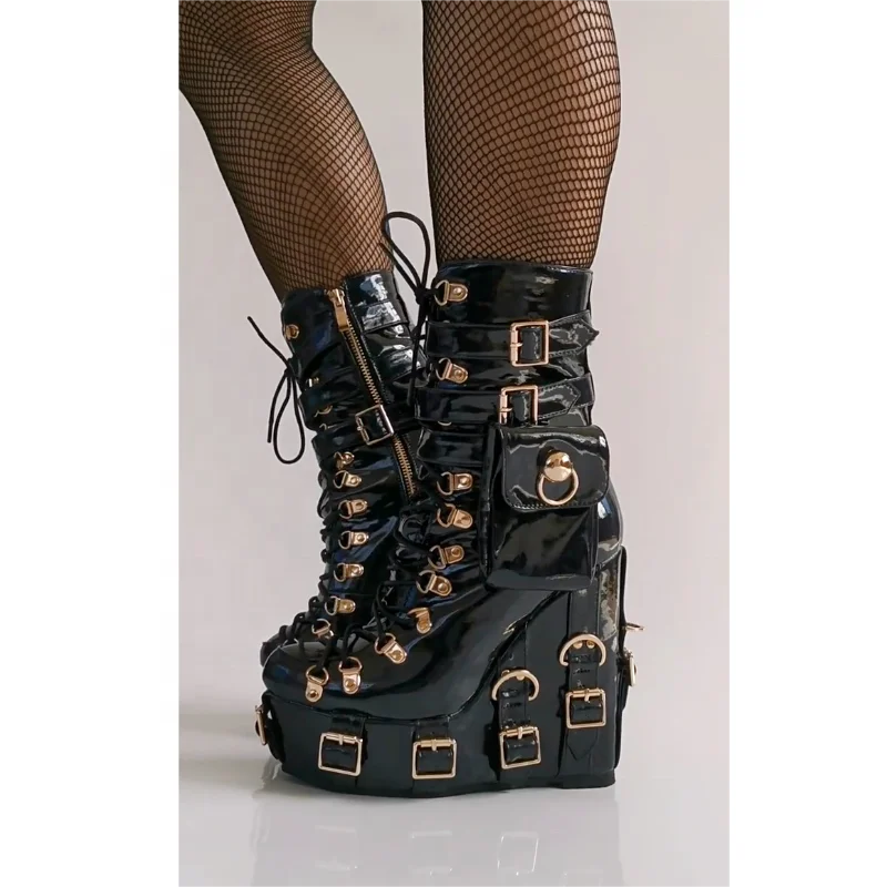 BUSY GIRL YZ4821 Women's Mid-Calf Gothic Punk Dresser Boots Platform Wedge Lace-Up Closure Zipper Studded Buckle Pocket