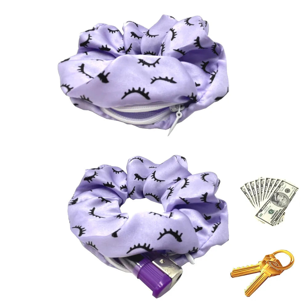 30pcs 5 Colors Silk Satin Eyelash Scrunchies with Zipper Pocket Wallet Scrunchies Elastic Band Headwear Hair Tie Ponytail Holder