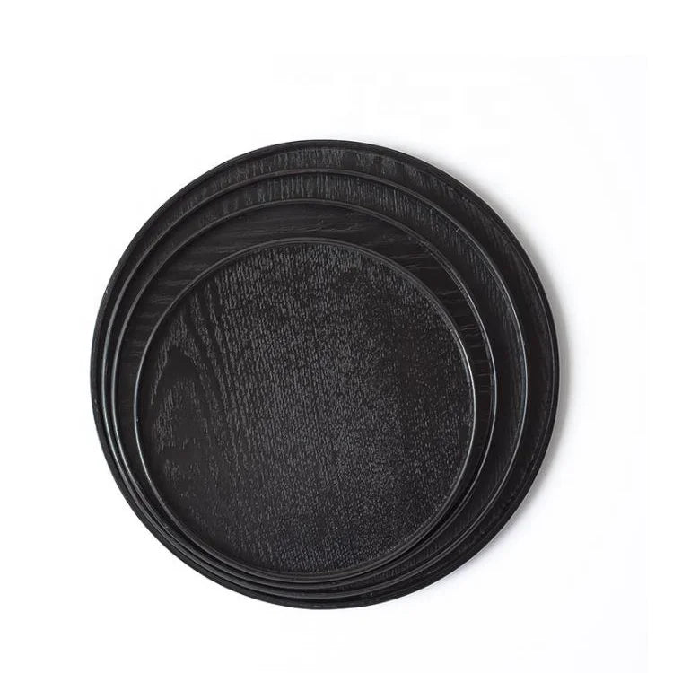 Hot Sale Hotel Restaurant Round Black Wooden Plate Tray Cheap Wood Tray Tea Serving
