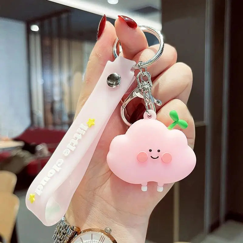 PVC Rubber Keychain for Girls Bag Charm Cartoon Cute Soft Doll Grass Cloud Kawaii Key Chains Car Pendant Accessories Key Rings