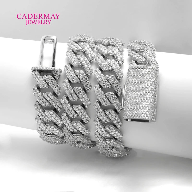 Cadermay Iced Out Hip Hop Moissanite Necklace 14mm 2rows VVS Moissanite 925 Silver Square Moissanite Cuban Chain With Long Clasp
