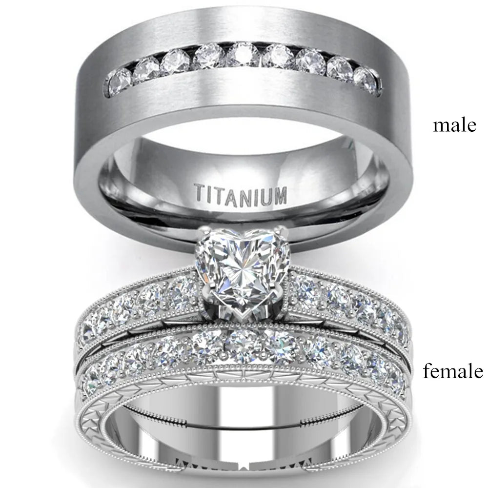 White Gold Plated Stainless Steel Heart Shaped Diamond Couples Engagement Ring Zircon Titanium Steel Wedding Ring Set for Bridal