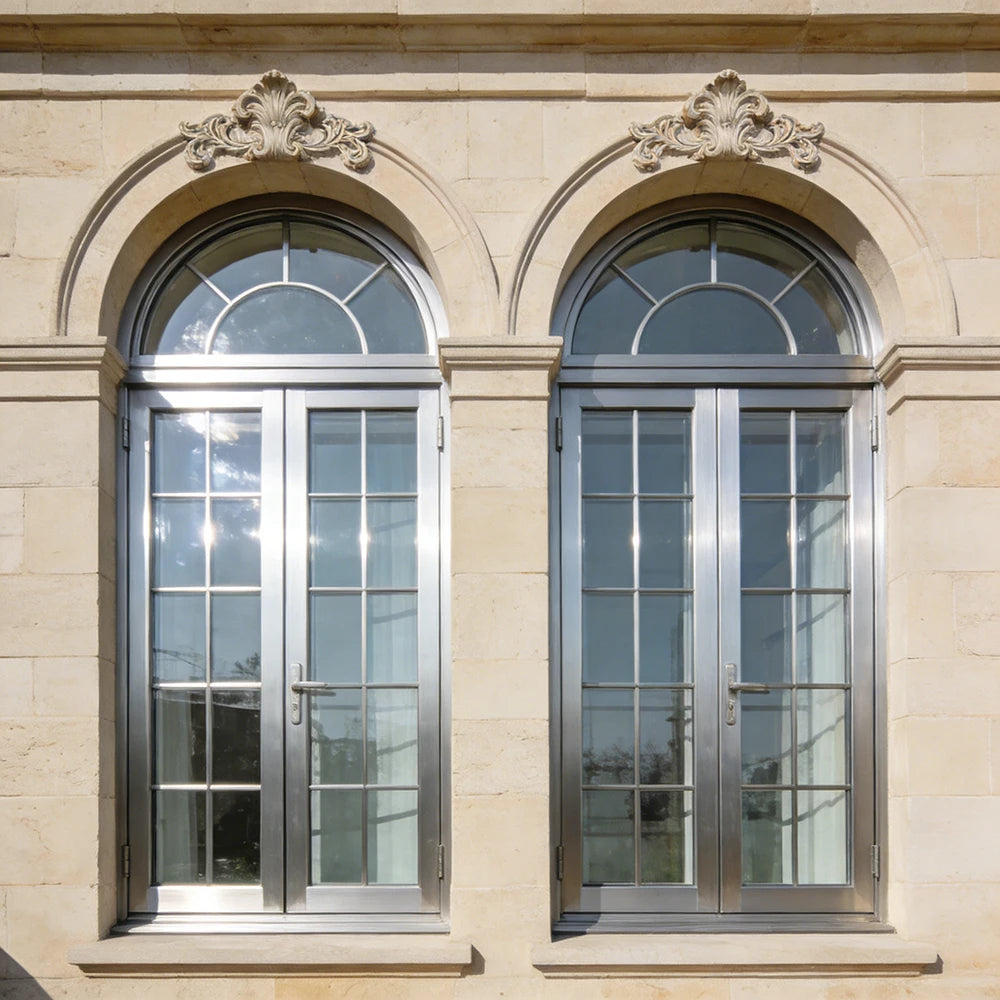 French Vintage Arched Top Carved Lattice Grille Thermal Break Aluminum Casement Window for French Style Manor Villa Exterior