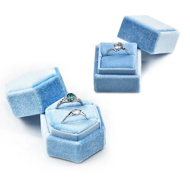 Wholesale Custom Logo Velvet Jewelry Packaging Box Luxury 2 Slots Wedding Ring Box Vintage Mini Hexagon Velvet Jewelry Box