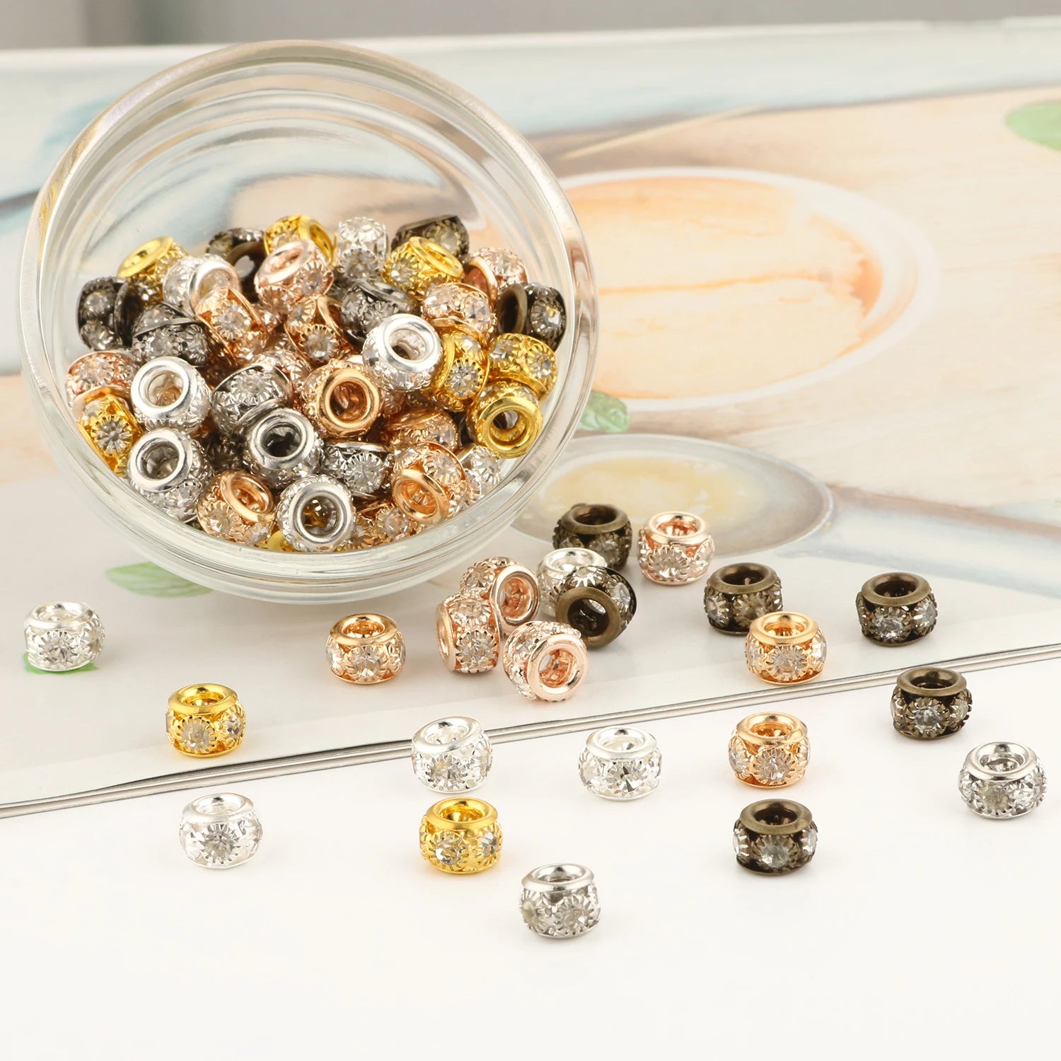 8/10mm Metal Round Loose Beads Big Hole White Rhinestone Crystal Spacer for Bracelet Making DIY