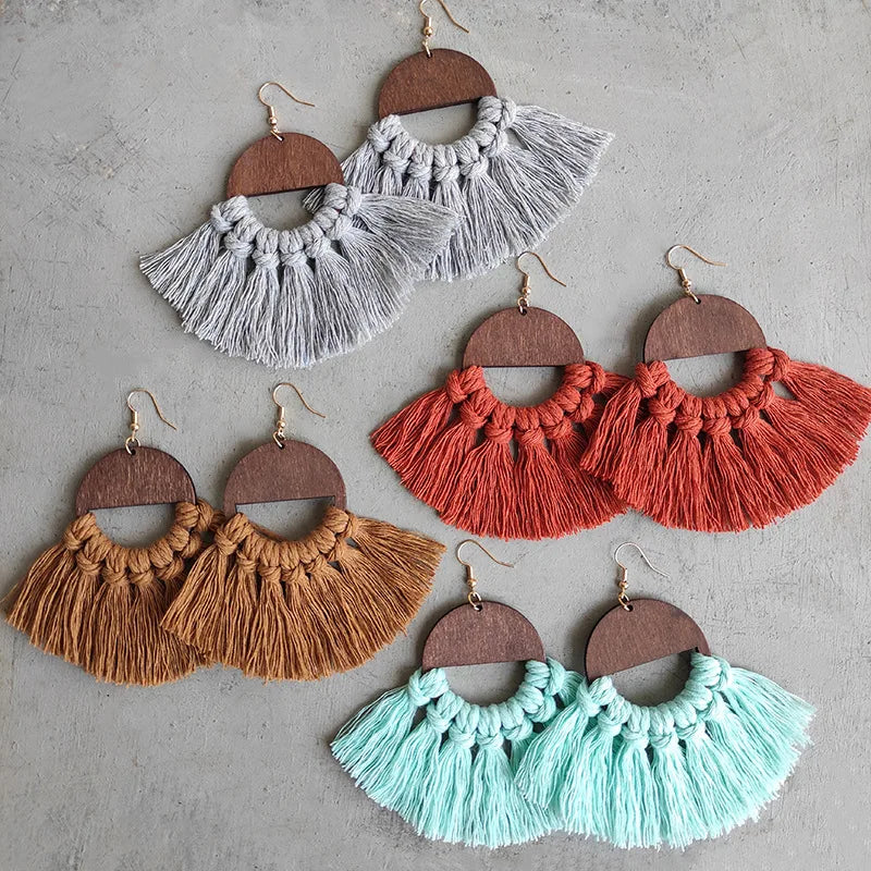 Bohemian Vintage Handmade Woven Solid Color Macrame Tassel Earrings for Women Wooden Geometric Earrings