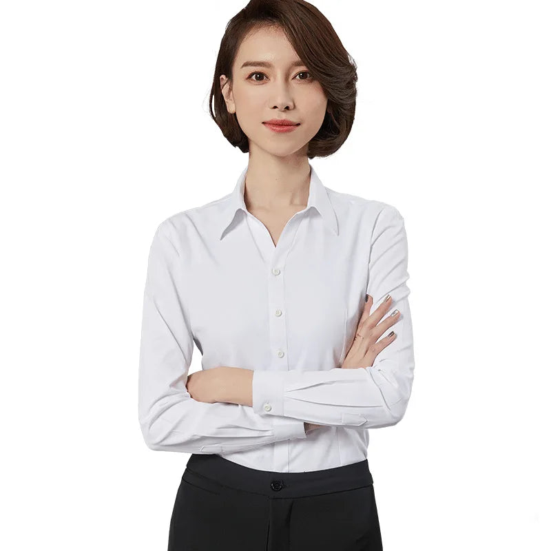 Lady Clerk Business Formal Wear Work Shirts Custom Logo Solid Color Women Long Sleeve Blouses