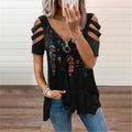 Calvera Ladies V-neck Zipper Pullover Print Short Sleeve Loose T-shirt Cropped Oversized T-shirts