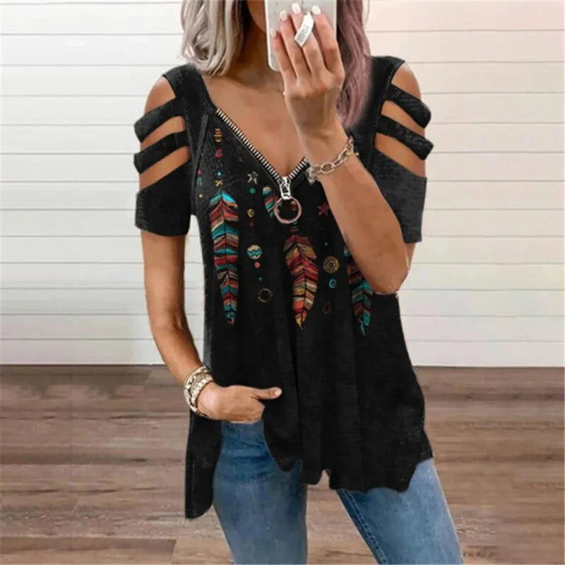 Calvera Ladies V-neck Zipper Pullover Print Short Sleeve Loose T-shirt Cropped Oversized T-shirts