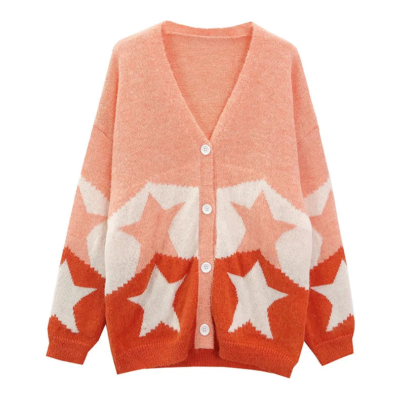 Factory Wholesale Autumn and Winter New pink Sweater Mohair Loose V-neck Star Graphic Cardigan for Lady