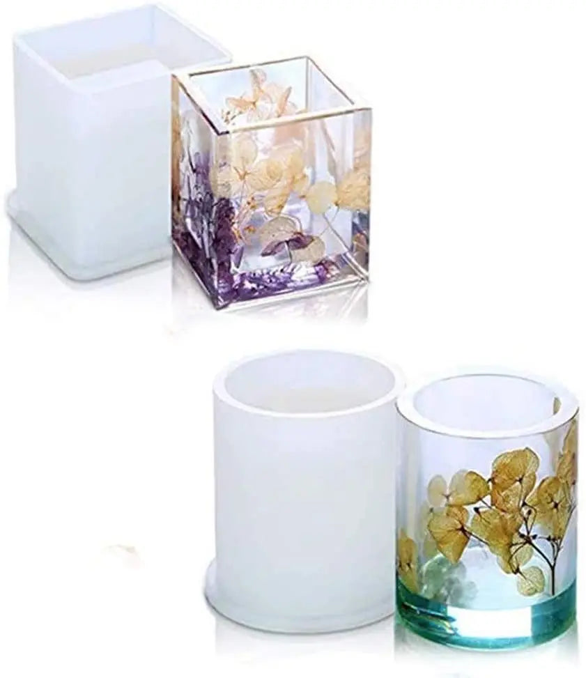 2 Pieces Resin Silicone Mould Flower Pot Ashtray Candle Pen Holder Soap Epoxy Casting Mould - Round and square