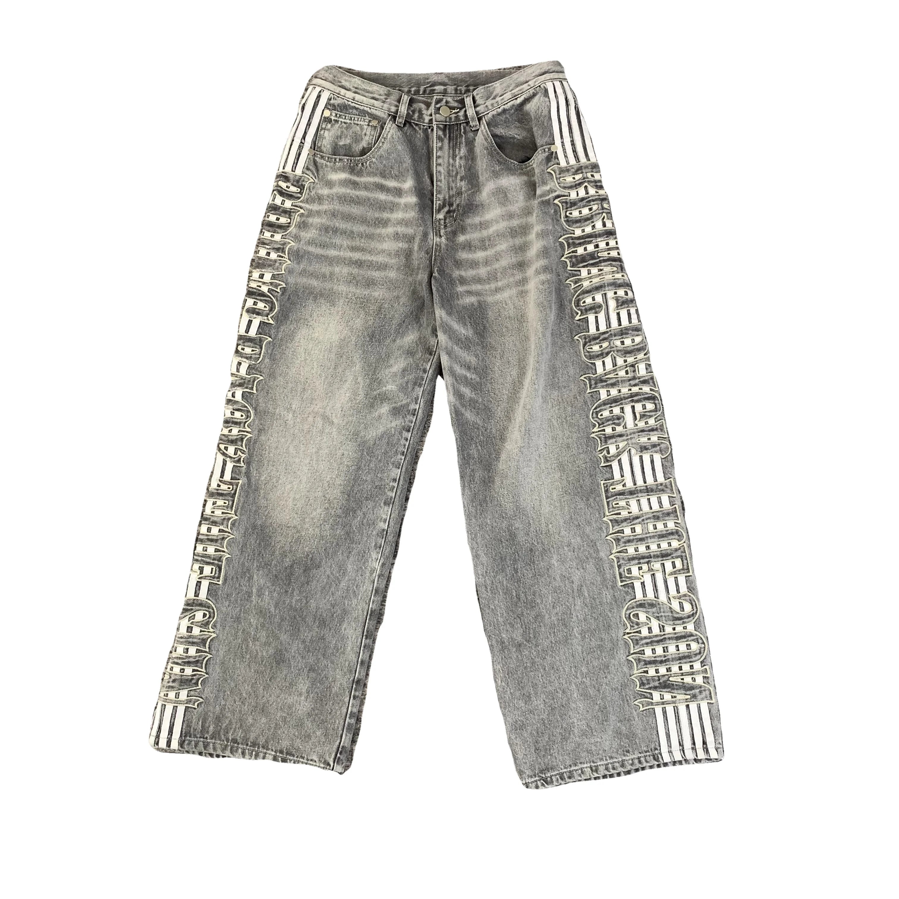 DENIMGUYS Custom Sun Faded Washed Side Stripe Baggy Trousers Pants Men Embroidery Applique Patch Vintage Wide Leg Denim Jeans