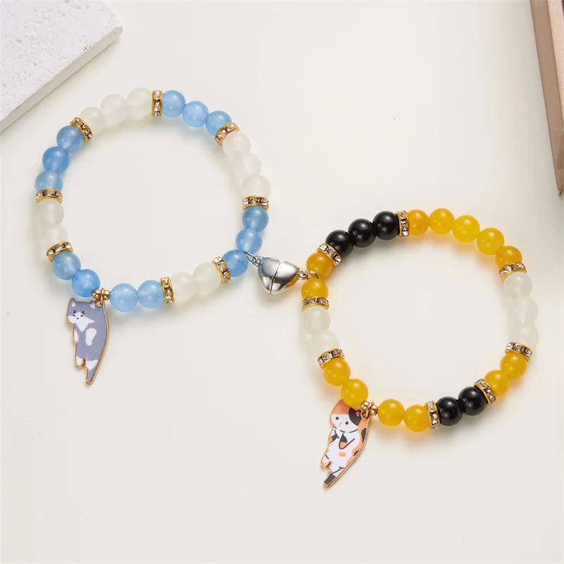 New Crystal Glass Beads Couple Bracelets Best Friend Friendship Cute Enamel Charm Magnetic Heart Handmade Women Bracelet Jewelry