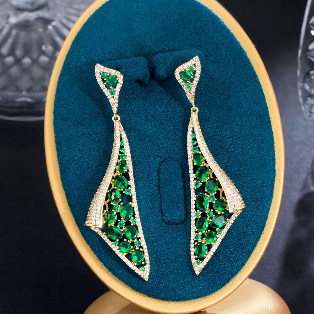Dubai Gold Plated Green Oval Cubic Zircon Crystal Paved Long Flying Ribbon Dangle Drop Earrings for Women Banquet Party Jewelry
