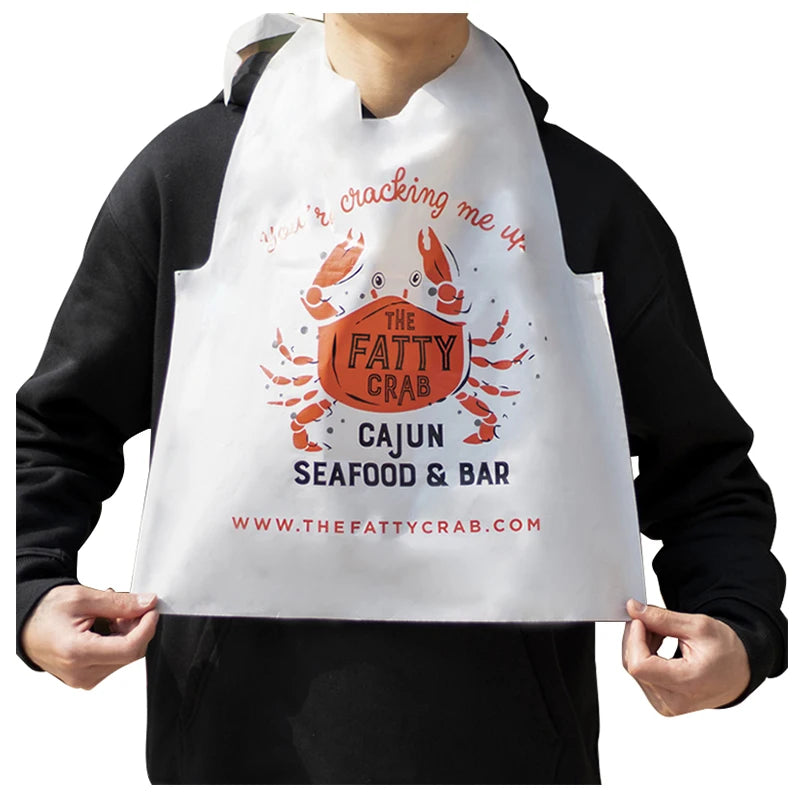 Hot Sale Custom Restaurant White Disposable Poly Crab Bibs Funny Waterproof Plastic Seafood Apron Bibs for Adults