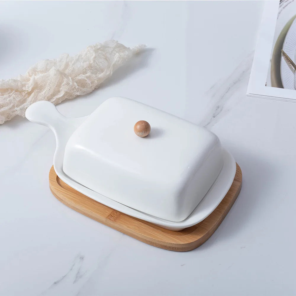White Ceramic Butter Dish with Lid Serving Tray Countertop Porcelain Keeper Cheese Storage Container Holder